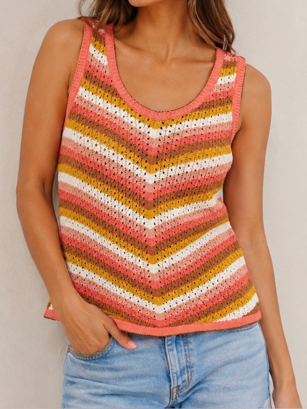 Tribal Jeans Striped Crochet Tank Top in Coral, Mustard & White